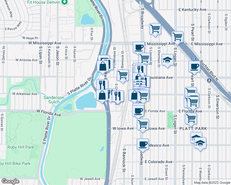 map of restaurants, bars, coffee shops, grocery stores, and more near 1395 South Cherokee Street in Denver