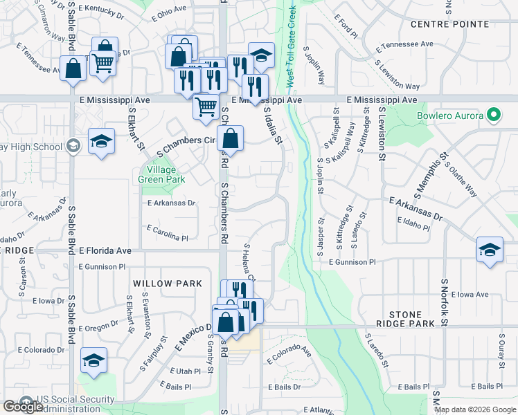map of restaurants, bars, coffee shops, grocery stores, and more near 15504 East Wyoming Drive in Aurora
