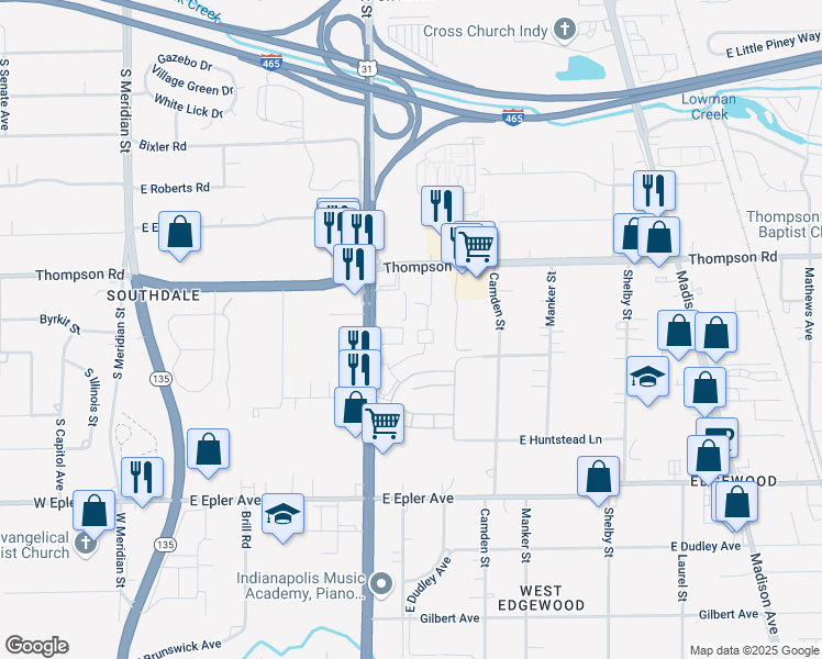 map of restaurants, bars, coffee shops, grocery stores, and more near 5112 Turtle Creek Court in Indianapolis