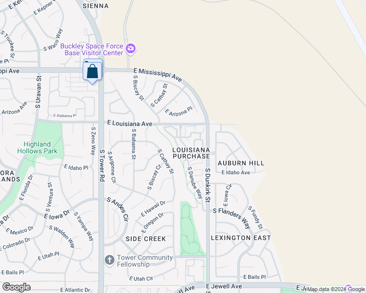 map of restaurants, bars, coffee shops, grocery stores, and more near 1385 South Danube Way in Aurora