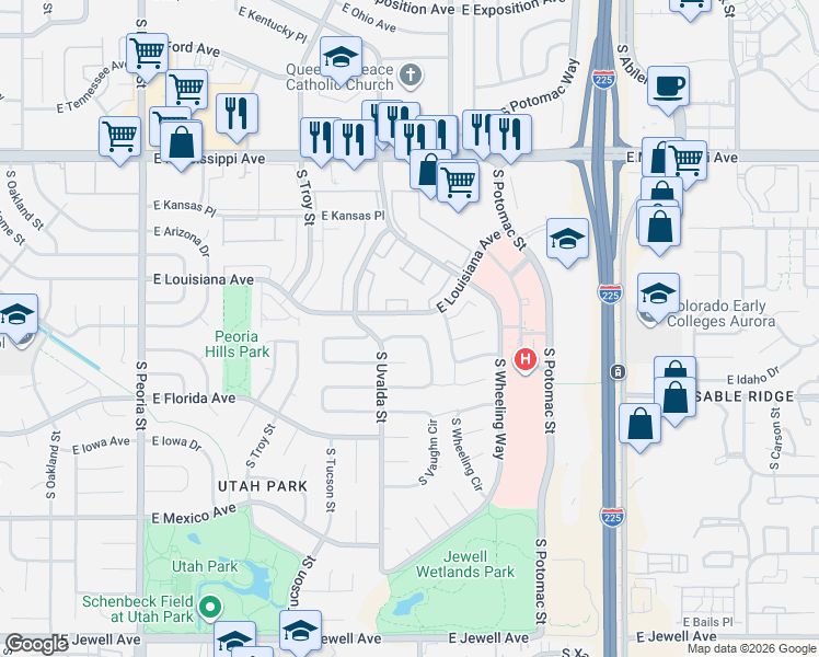 map of restaurants, bars, coffee shops, grocery stores, and more near 1412 South Vaughn Circle in Aurora