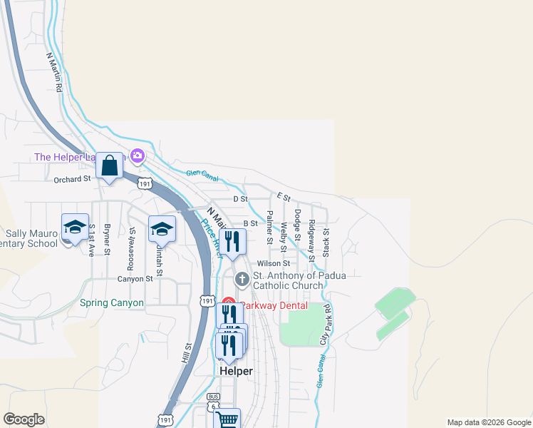 map of restaurants, bars, coffee shops, grocery stores, and more near 177 Palmer Street in Helper