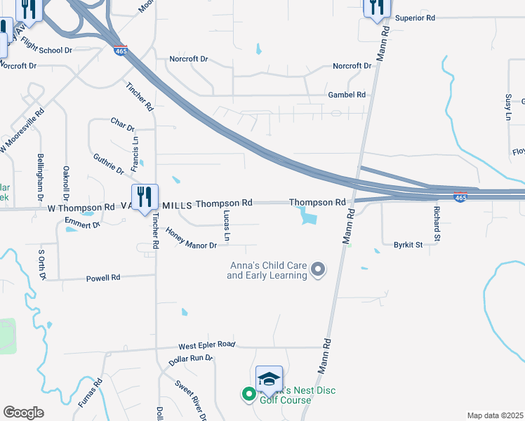 map of restaurants, bars, coffee shops, grocery stores, and more near 5145 Thompson Road in Indianapolis