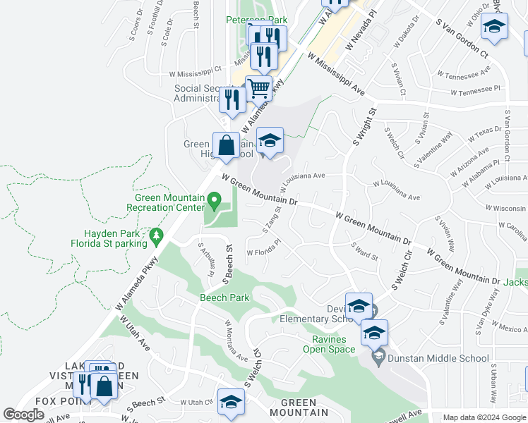 map of restaurants, bars, coffee shops, grocery stores, and more near 13068 West Arkansas Place in Lakewood