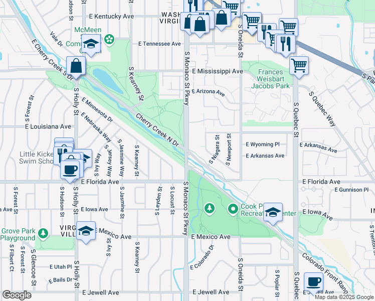 map of restaurants, bars, coffee shops, grocery stores, and more near S Monaco Pkwy & Cherry Creek N Dr in Denver