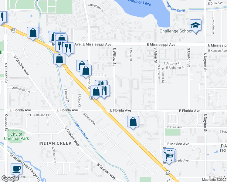map of restaurants, bars, coffee shops, grocery stores, and more near 1381 South Willow Street in Denver