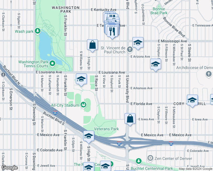 map of restaurants, bars, coffee shops, grocery stores, and more near 1382 South Vine Street in Denver