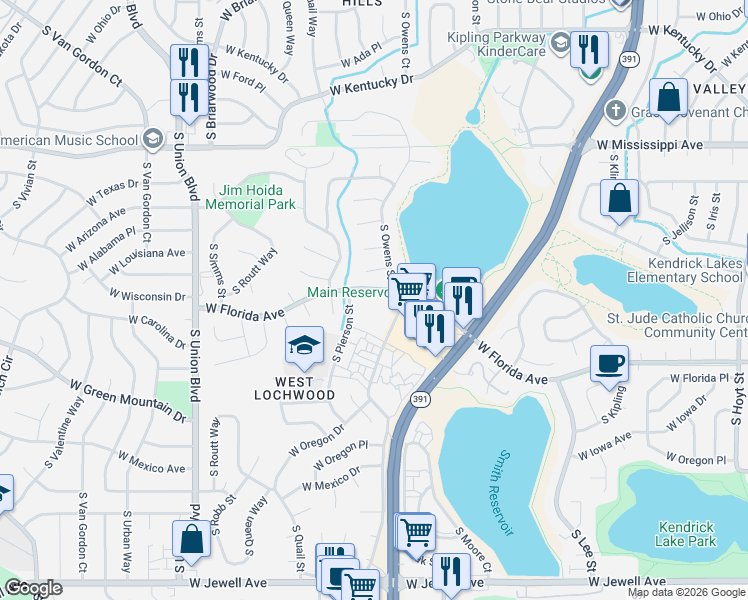 map of restaurants, bars, coffee shops, grocery stores, and more near 10950 West Florida Avenue in Lakewood