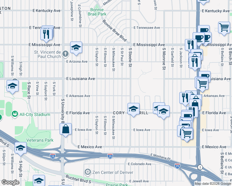 map of restaurants, bars, coffee shops, grocery stores, and more near 1364 South Milwaukee Street in Denver