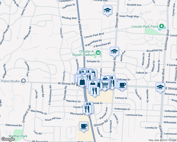map of restaurants, bars, coffee shops, grocery stores, and more near 101 Carrlands Drive in Dayton