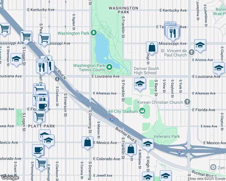 map of restaurants, bars, coffee shops, grocery stores, and more near 1383 South Humboldt Street in Denver
