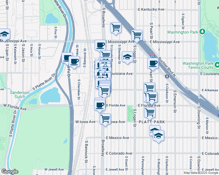 map of restaurants, bars, coffee shops, grocery stores, and more near 1385 South Lincoln Street in Denver