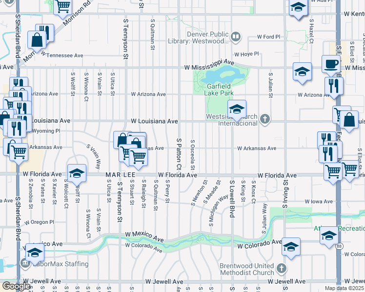 map of restaurants, bars, coffee shops, grocery stores, and more near 1392 South Patton Court in Denver