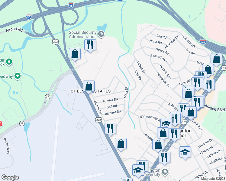 map of restaurants, bars, coffee shops, grocery stores, and more near 3 Godwin Road in Wilmington Manor
