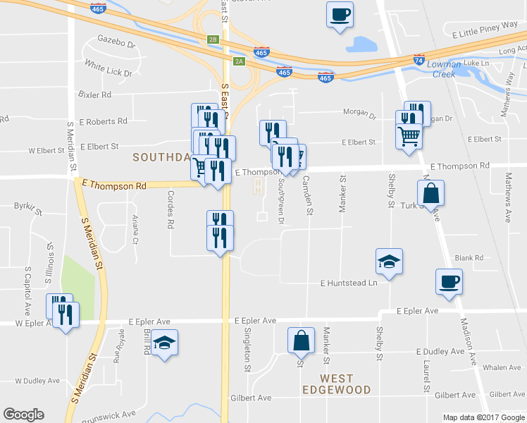 map of restaurants, bars, coffee shops, grocery stores, and more near 5119 Turtle Creek Court in Indianapolis