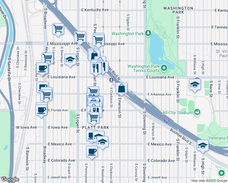 map of restaurants, bars, coffee shops, grocery stores, and more near 1392 South Clarkson Street in Denver