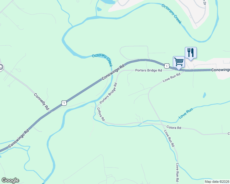 map of restaurants, bars, coffee shops, grocery stores, and more near 222 Porters Bridge Road in Colora