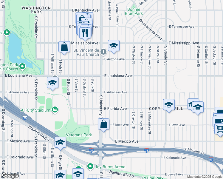 map of restaurants, bars, coffee shops, grocery stores, and more near 1382 South Josephine Street in Denver