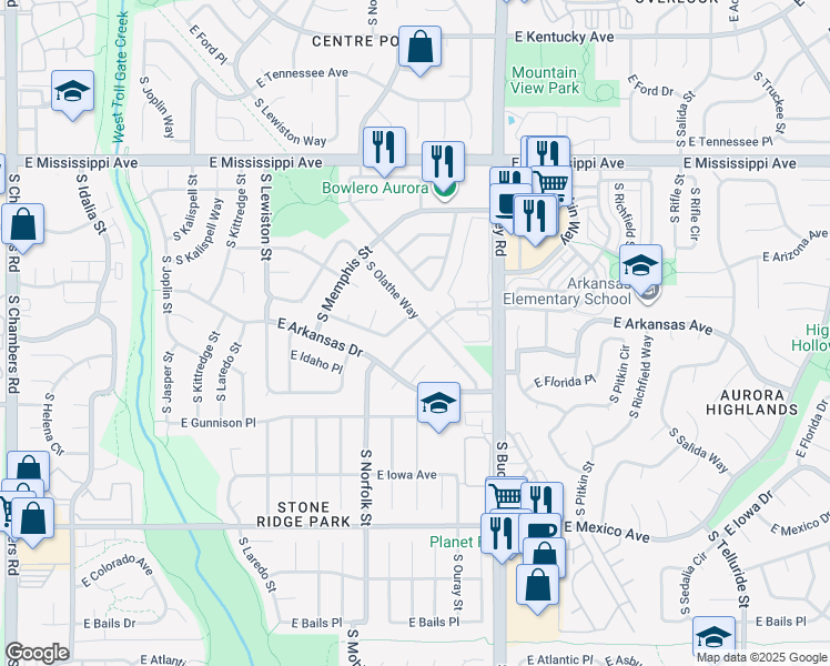 map of restaurants, bars, coffee shops, grocery stores, and more near 16585 East Arkansas Avenue in Aurora
