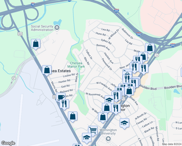 map of restaurants, bars, coffee shops, grocery stores, and more near 138 Jay Drive in Wilmington Manor
