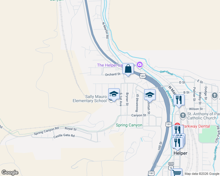 map of restaurants, bars, coffee shops, grocery stores, and more near 5 3rd Avenue in Helper