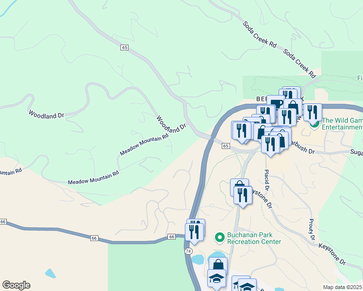 map of restaurants, bars, coffee shops, grocery stores, and more near 32300 Woodland Drive in Evergreen