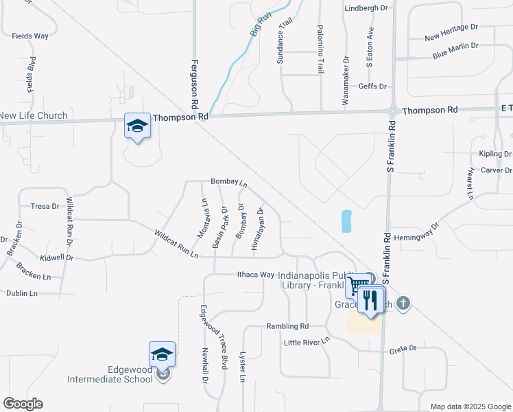 map of restaurants, bars, coffee shops, grocery stores, and more near 5246 Himalayan Drive in Indianapolis