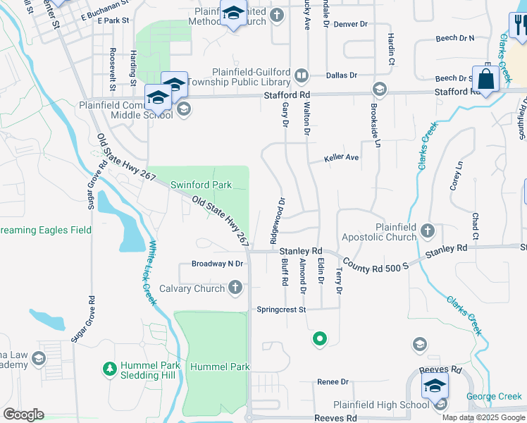 map of restaurants, bars, coffee shops, grocery stores, and more near 961 Valley View Drive in Plainfield