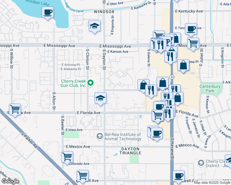 map of restaurants, bars, coffee shops, grocery stores, and more near 9821 East Arkansas Place in Denver