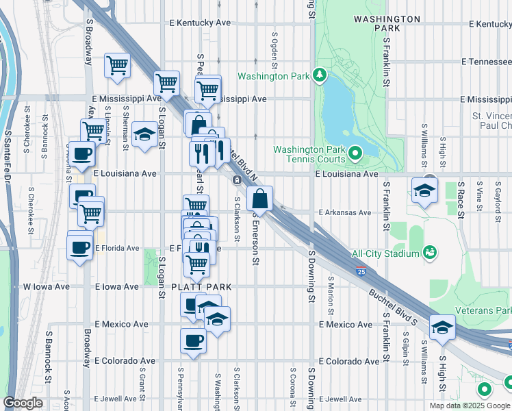 map of restaurants, bars, coffee shops, grocery stores, and more near East Buchtel Boulevard in Denver