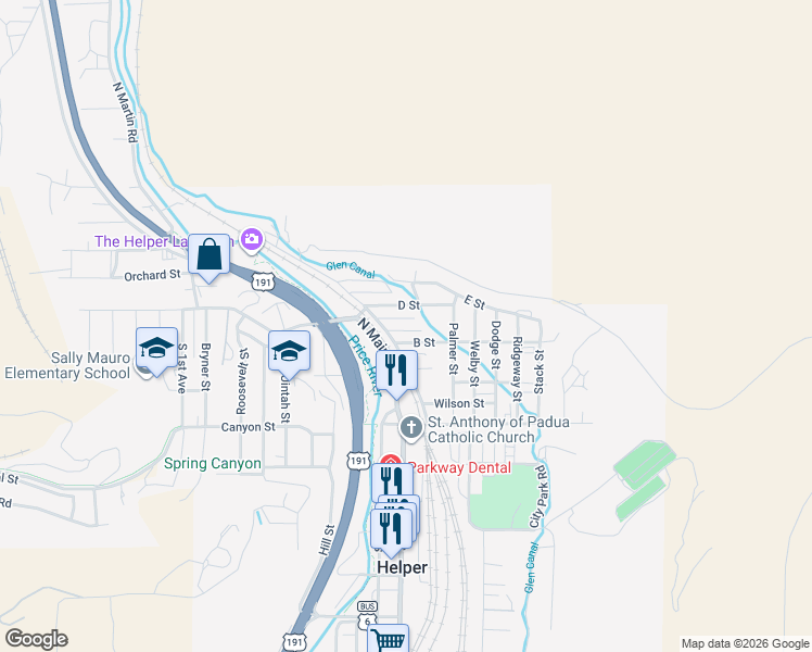 map of restaurants, bars, coffee shops, grocery stores, and more near 57 C Street in Helper