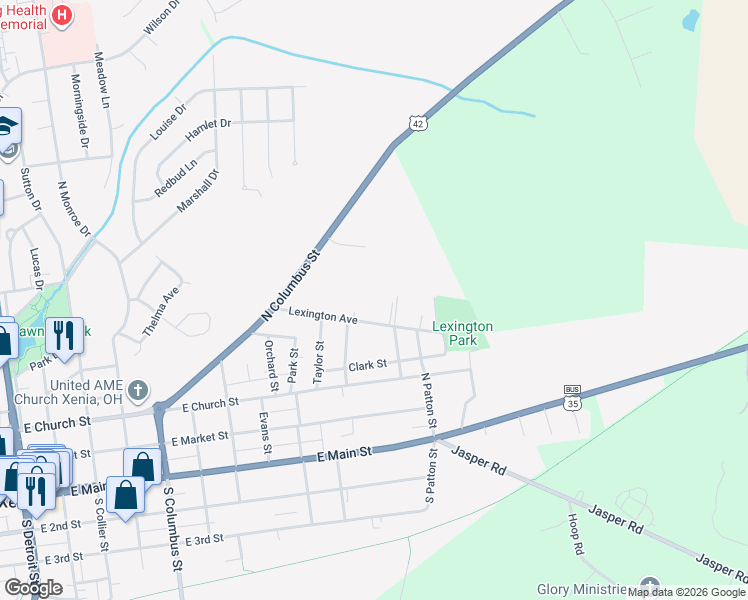 map of restaurants, bars, coffee shops, grocery stores, and more near 351 Lexington Avenue in Xenia