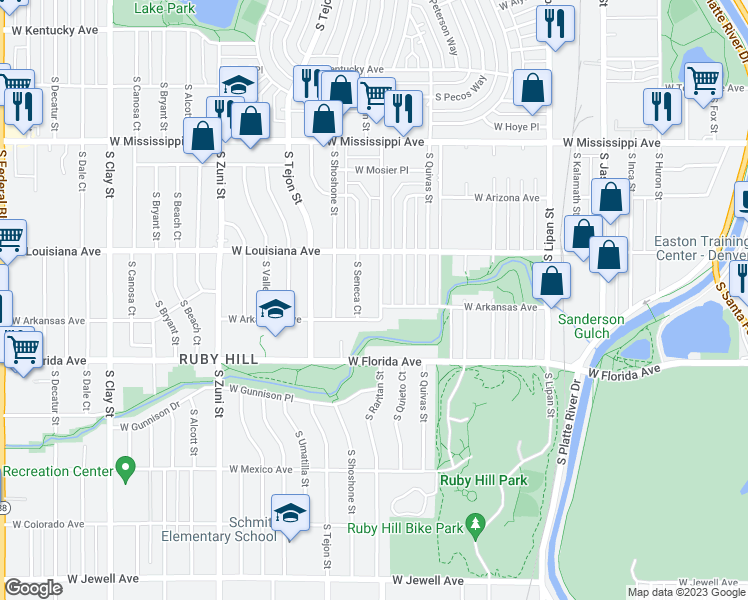 map of restaurants, bars, coffee shops, grocery stores, and more near 1377 South Raritan Street in Denver
