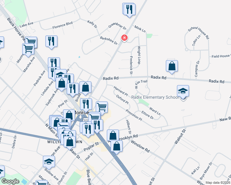 map of restaurants, bars, coffee shops, grocery stores, and more near 127 Oxford Place in Monroe