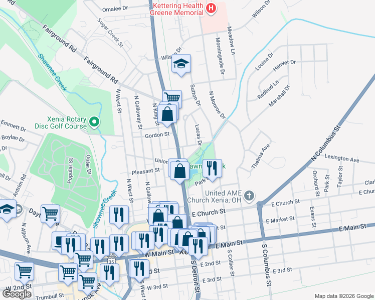 map of restaurants, bars, coffee shops, grocery stores, and more near 39 Weaver Street in Xenia