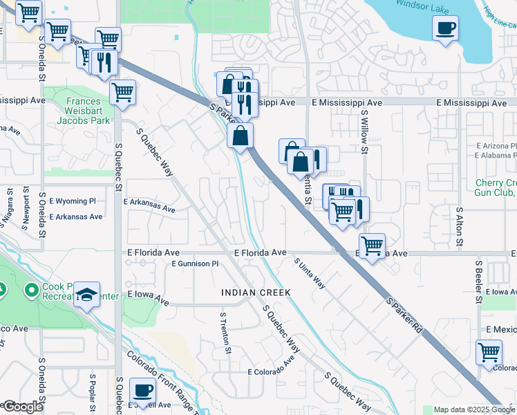 map of restaurants, bars, coffee shops, grocery stores, and more near 1381 South Ulster Street in Denver