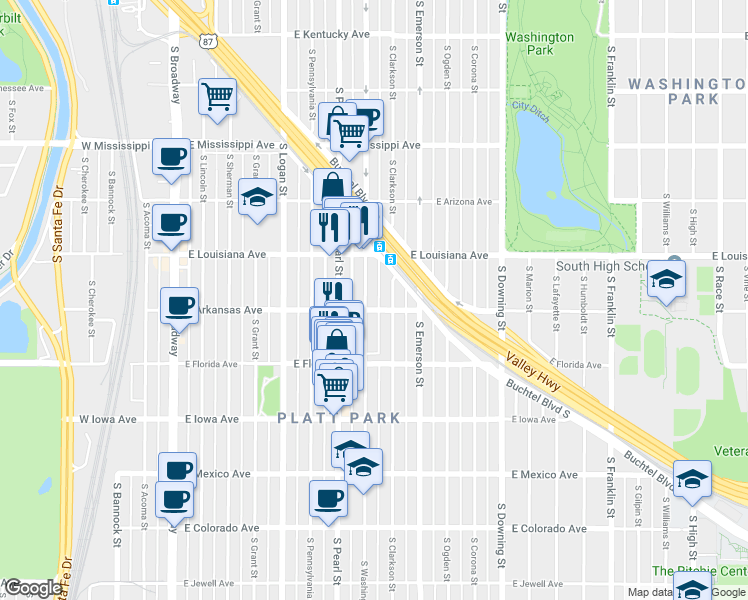 map of restaurants, bars, coffee shops, grocery stores, and more near 1380 South Washington Street in Denver