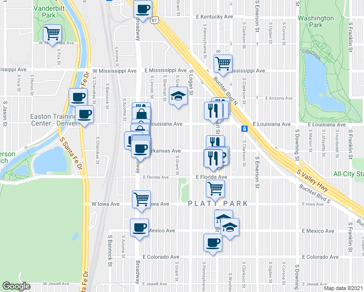 map of restaurants, bars, coffee shops, grocery stores, and more near 1370 South Grant Street in Denver