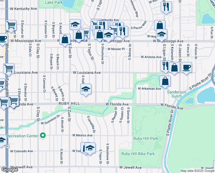map of restaurants, bars, coffee shops, grocery stores, and more near 1376 South Shoshone Street in Denver