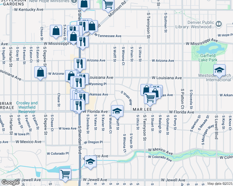 map of restaurants, bars, coffee shops, grocery stores, and more near 1369 South Vrain Way in Denver