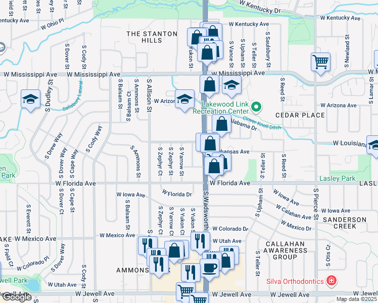 map of restaurants, bars, coffee shops, grocery stores, and more near 1330 South Yukon Street in Lakewood