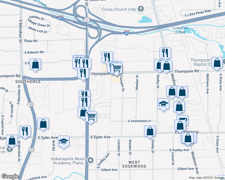 map of restaurants, bars, coffee shops, grocery stores, and more near 615 Thompson Road in Indianapolis