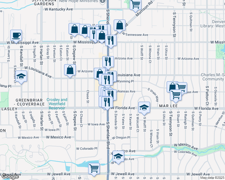 map of restaurants, bars, coffee shops, grocery stores, and more near 5127 West Arkansas Avenue in Denver