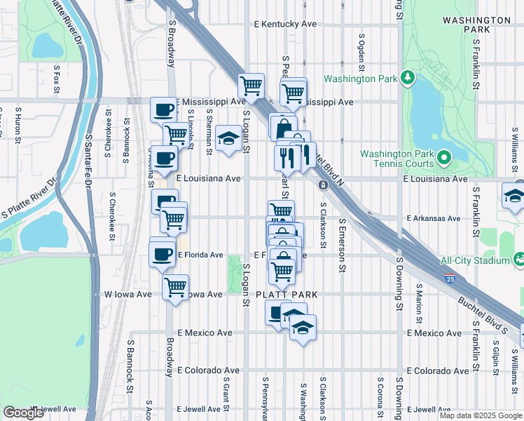 map of restaurants, bars, coffee shops, grocery stores, and more near 1381 South Pennsylvania Street in Denver