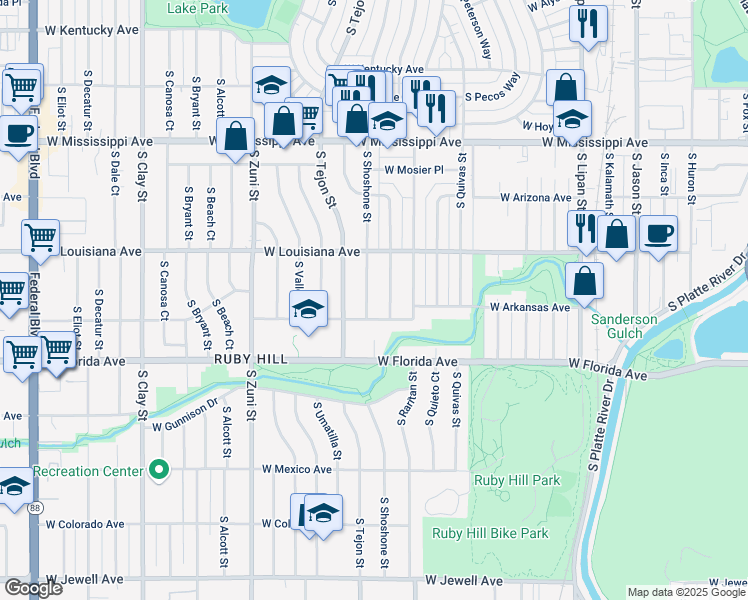 map of restaurants, bars, coffee shops, grocery stores, and more near 1376 South Shoshone Street in Denver