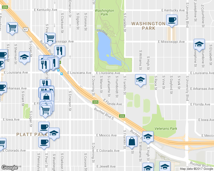 map of restaurants, bars, coffee shops, grocery stores, and more near 1379 South Lafayette Street in Denver