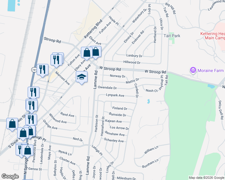 map of restaurants, bars, coffee shops, grocery stores, and more near 2182 Owendale Drive in Dayton