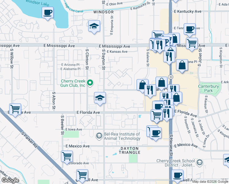 map of restaurants, bars, coffee shops, grocery stores, and more near 9821 East Arkansas Place in Aurora