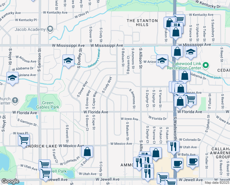 map of restaurants, bars, coffee shops, grocery stores, and more near 8333 West Arkansas Avenue in Lakewood