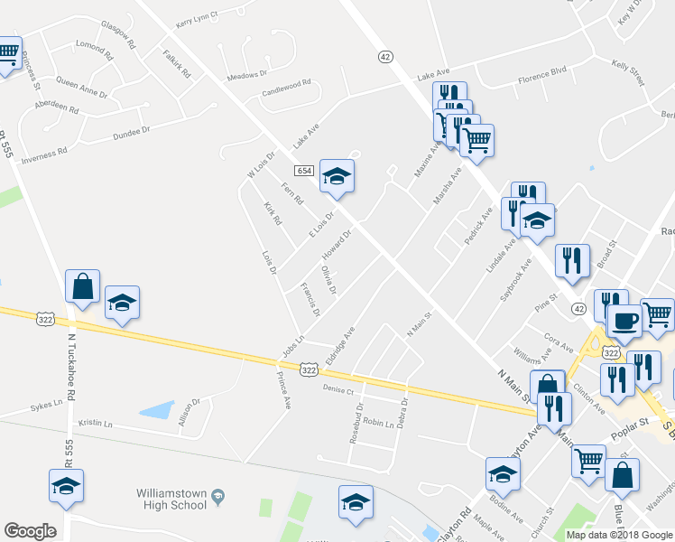 map of restaurants, bars, coffee shops, grocery stores, and more near 8 Olivia Court in Monroe Township
